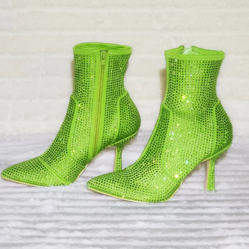 Stunning Bright Green Stretch Rhinestone Ankle Boots 3.5" Kitten Heels_11